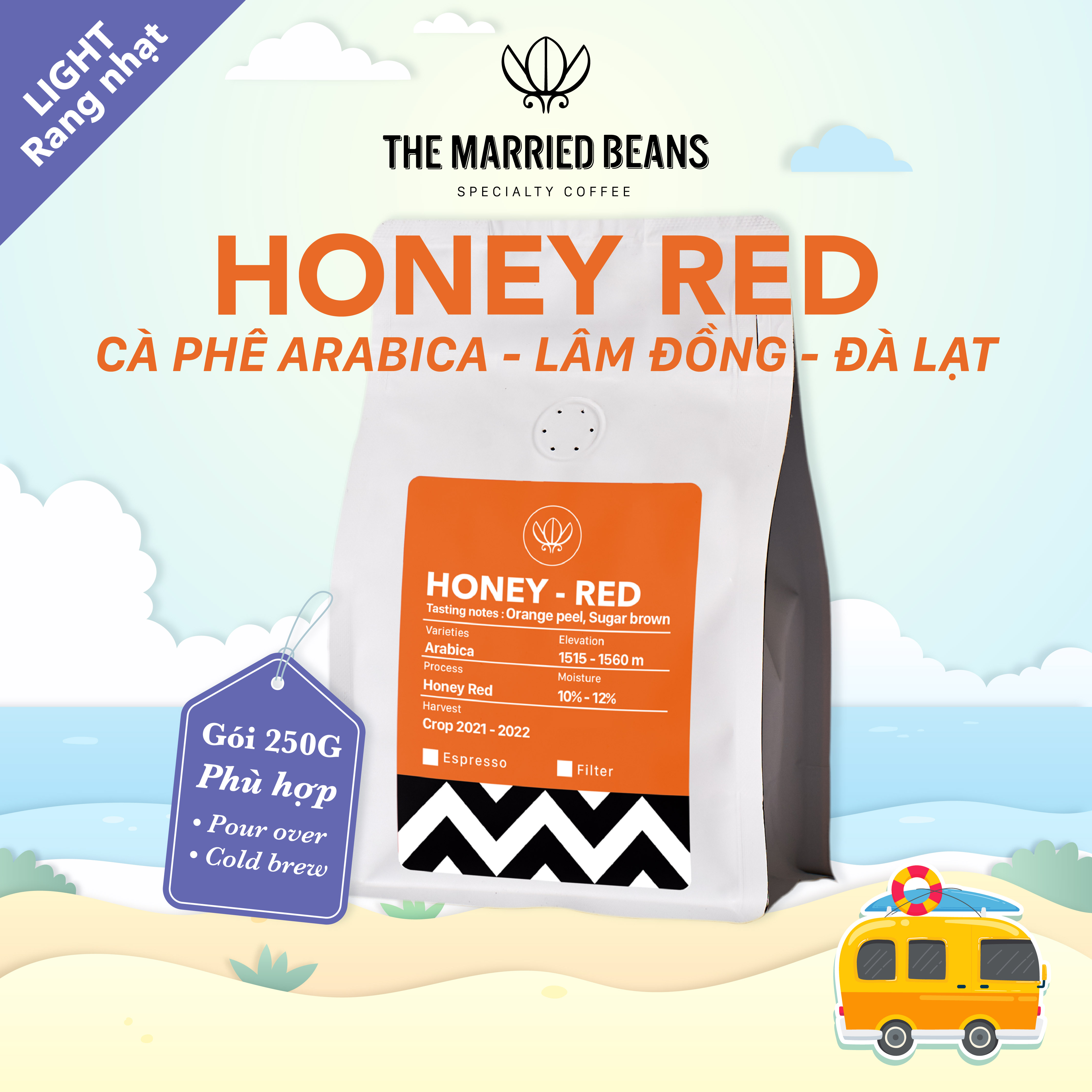 Cà phê đặc sản rang mộc arabica 100% honey red, rang nhạt the married beans