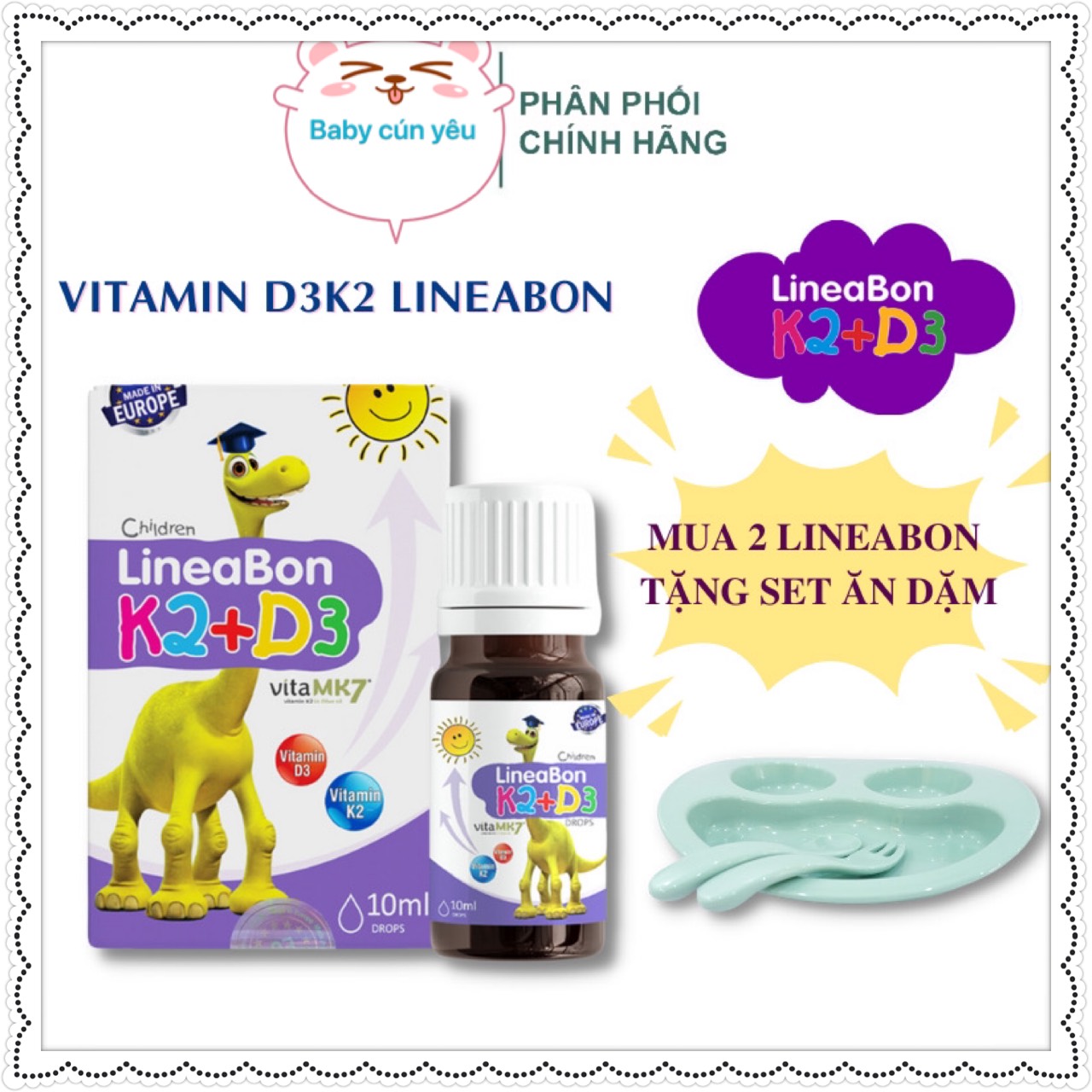 D3 K2 LineaBon 10ml - Vitamin tăng chiều cao cho bé K2 D3 Lineabon, d3k2mk7,tăng hấp thu canxi, phát triển chiều cao