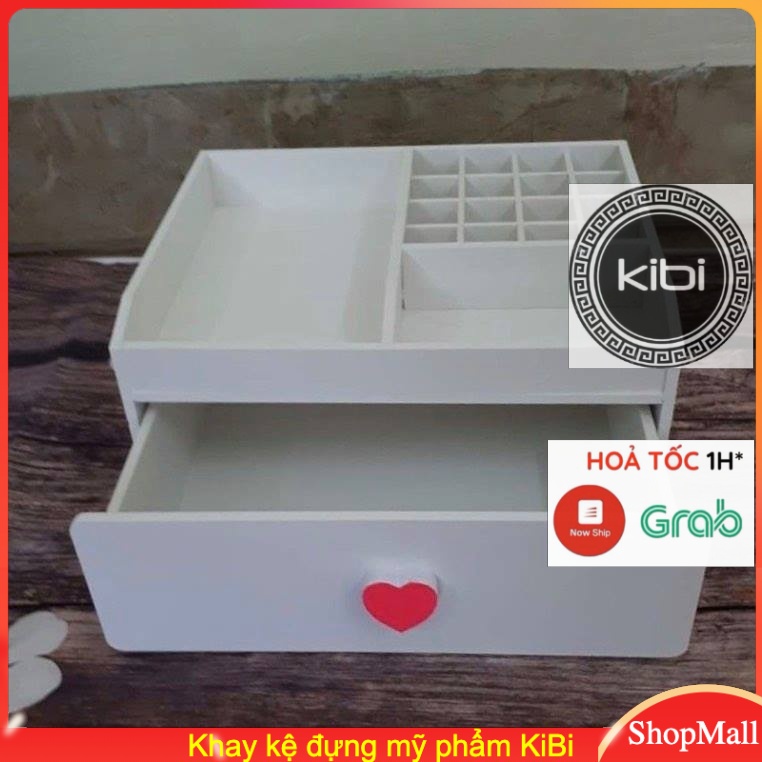 Kệ mỹ phẩm trắng tim hồng 25cm tiện dụng có khay đựng son 16 ô và ngăn kéo chống bụi