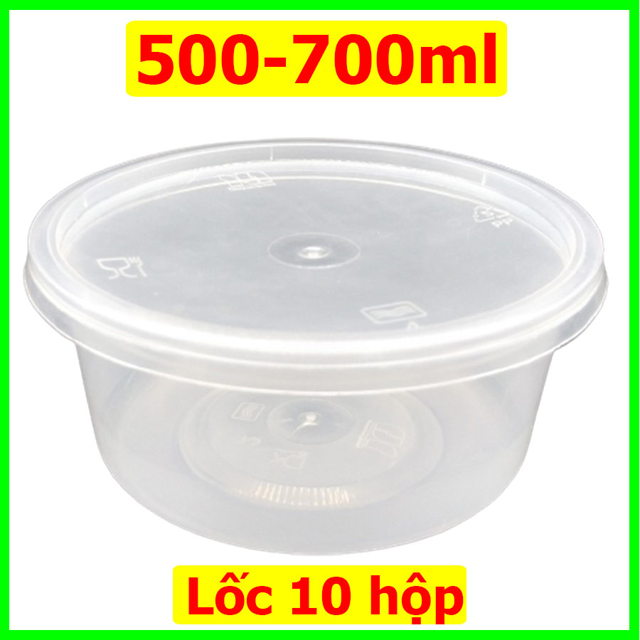 Lốc 10 hộp nhựa đựng thực phẩm tròn  500ml, 700ml có nắp đậy,  dùng được nhiều lần, nhựa trong suốt