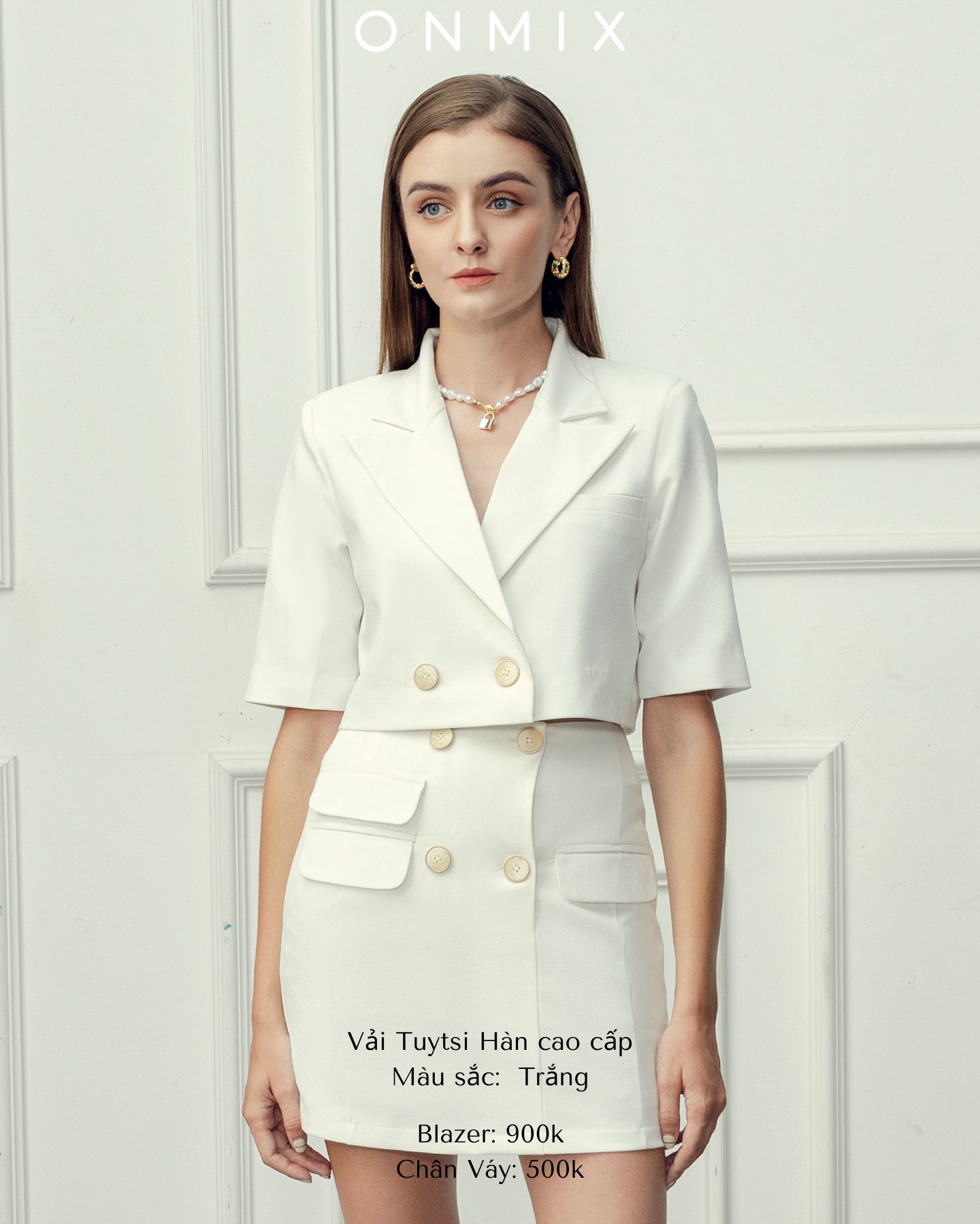 Set áo Blazer nữ tay ngắn 2 khuy + chân váy công sở trắng ONMIX, chất liệu vải Tuytsi cao cấp