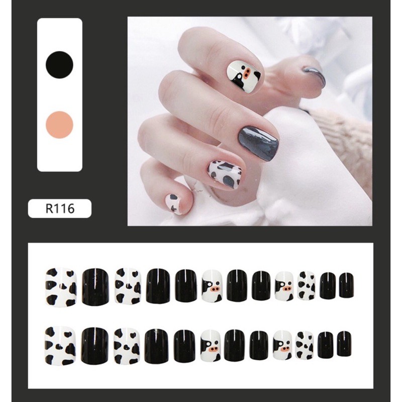 Set 24 móng giả hoạ tiết hình bò sữa cute