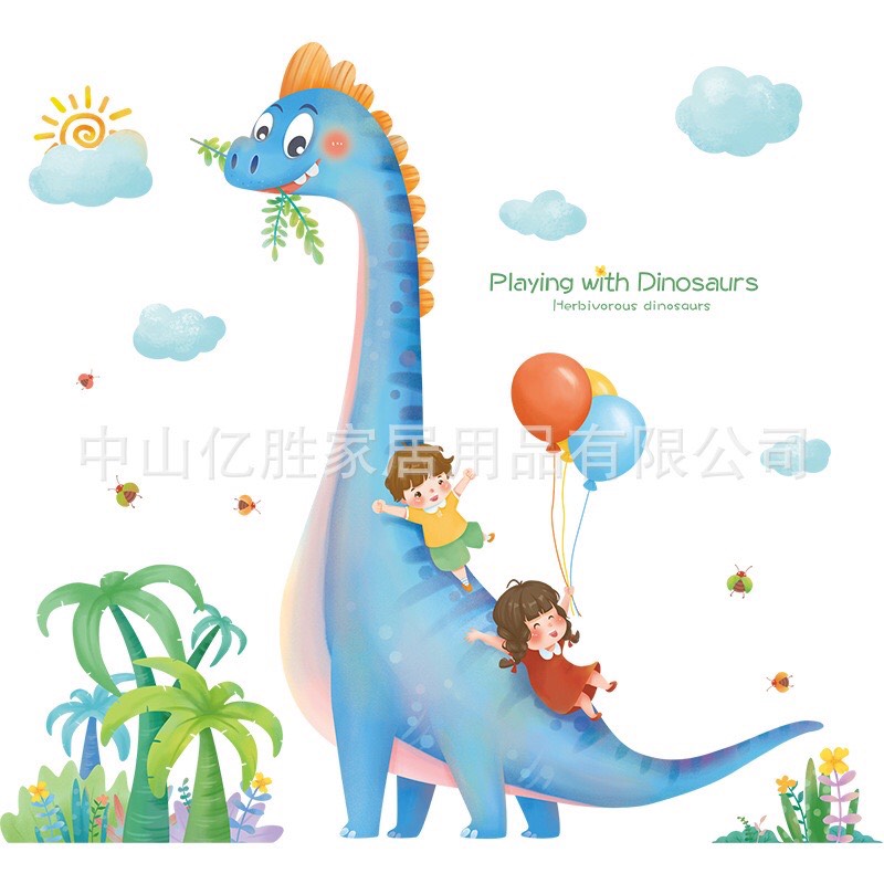 Tranh dán tường 3D Vui chơi với chú khủng long thân thiện KT 110x106cm, Decal trang trí phòng cho bé