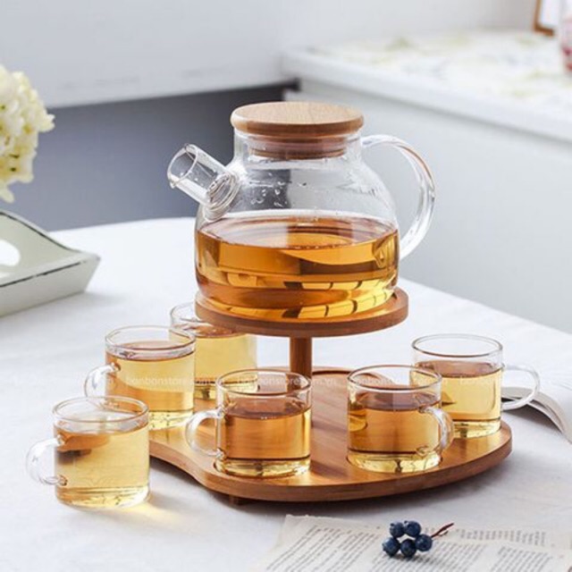 Set bình nắp tre 1lit + 6 chén quai trụ 100ml