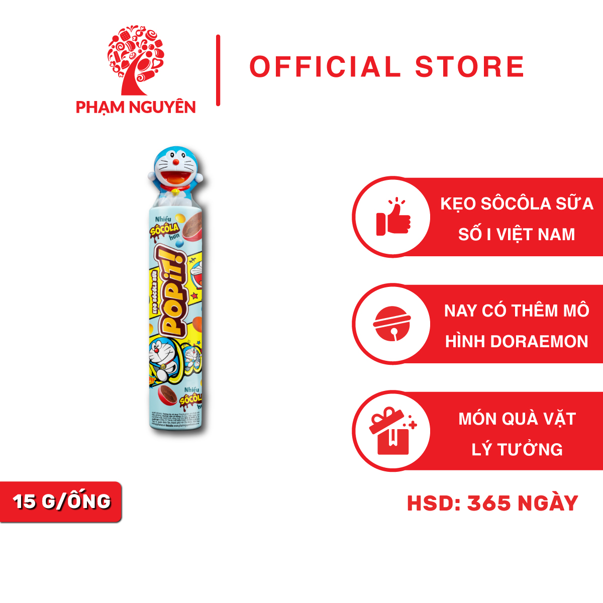 Kẹo ống sôcôla sữa Popit có MÔ HÌNH DORAEMON 15g (1 ống) Phạm Nguyên - bánh kẹo Phạm Nguyên