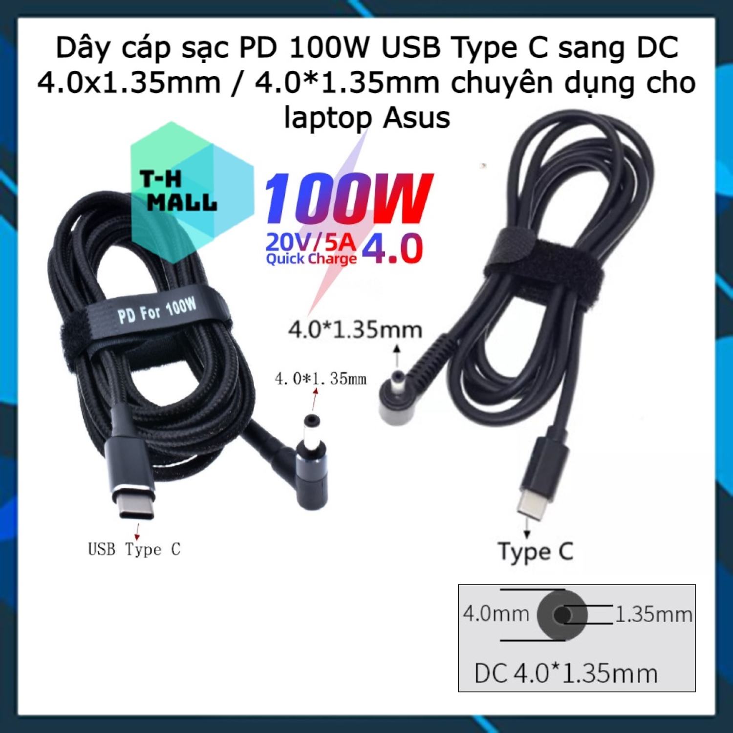  Dây cáp sạc Đầu chuyển đổi  PD 100W USB Type C sang DC 4.0x1.35 mm   4.0*1.35 mm chuyên dụng cho laptop Asus 