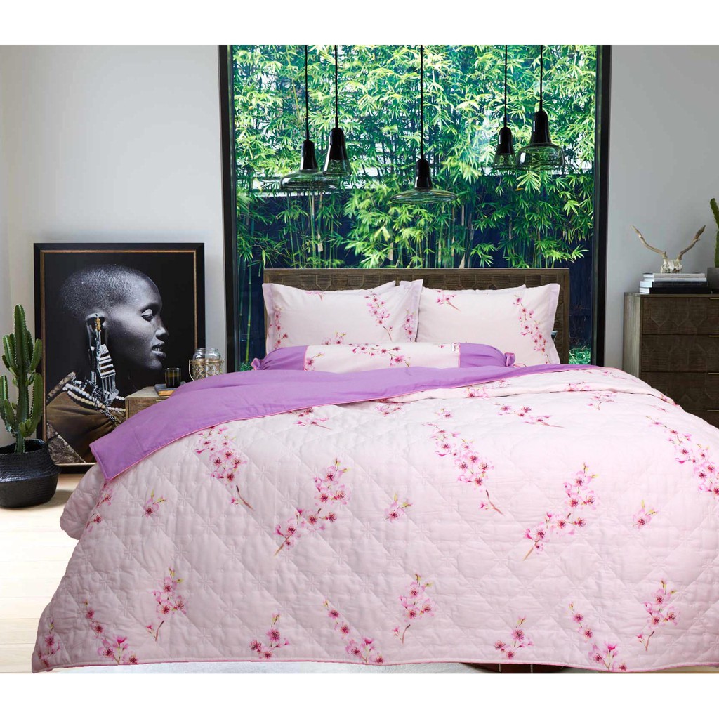 Bộ chăn ga gối drap giường 100% cotton sợi bông Hàn Quốc hồng tím phối hoa Julia 269