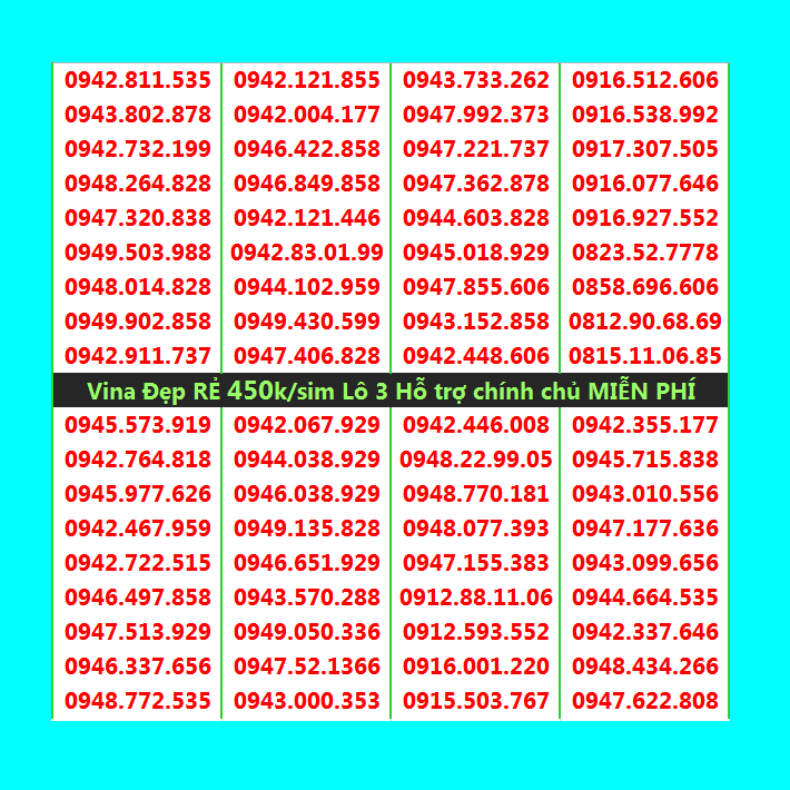 Số đẹp vina giá rẻ 450k list 3 miễn phí đăng ký chính chủ