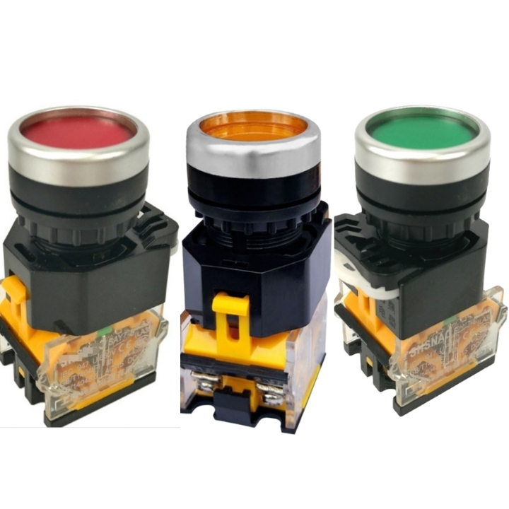 Công tắc nhấn đề tự giữ LA38-11BNZS phi 22mm màu xanh, màu đỏ, màu vàng lắp tủ điện