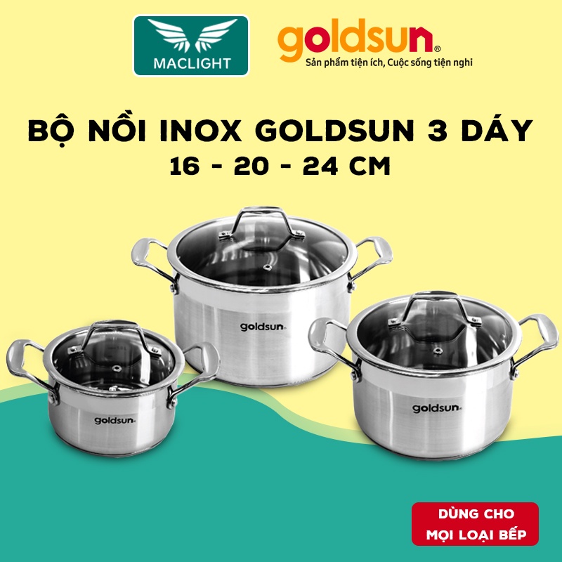 Bộ nồi inox 3 đáy cao cấp goldsun gh10-3306sg vung kính cường lực, đáy inox 3 lớp