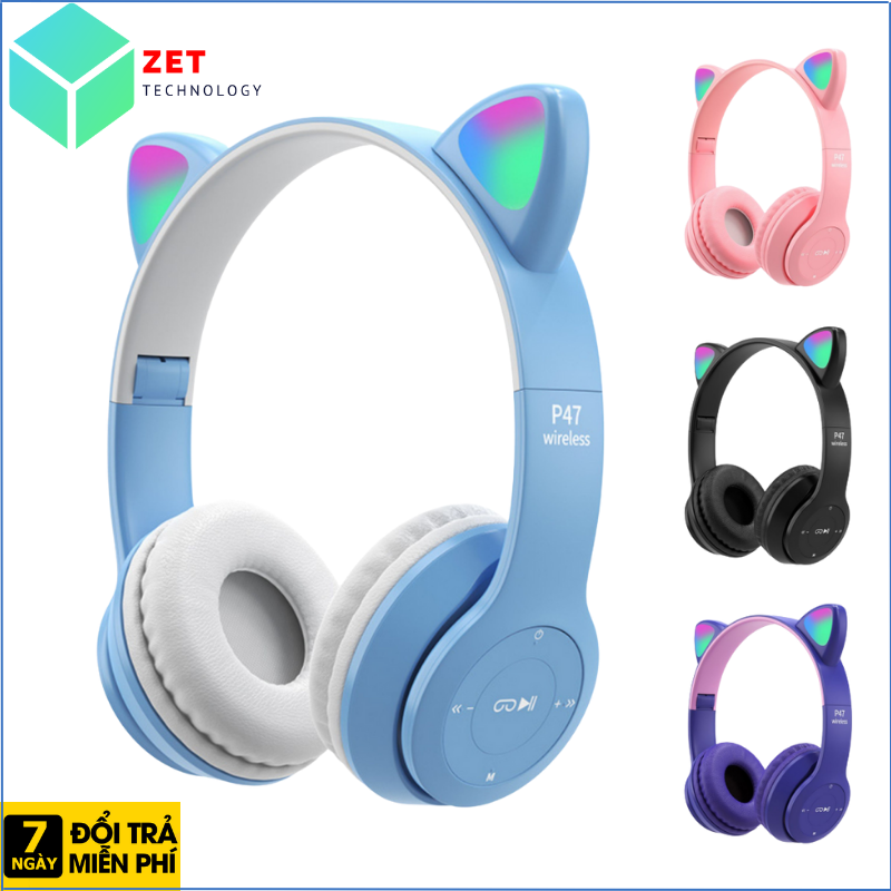 Tai Nghe Bluetooth Chụp Tai, Tai nghe chụp tai P47 Headphone kiểu dáng Tai Mèo Dễ Thương , Âm Bass Mạnh Mẽ, Có Mic, Có khe cắm thẻ nhớ - Bảo Hành 6 tháng tại ZET- ĐỒ CHƠI CÔNG NGHỆ SỐ GIÁ GỐC