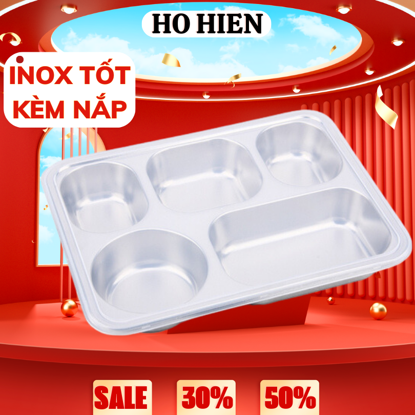 Khay cơm inox đựng thức ăn 5 ngăn đựng đồ ăn có nắp đậy cao cấp