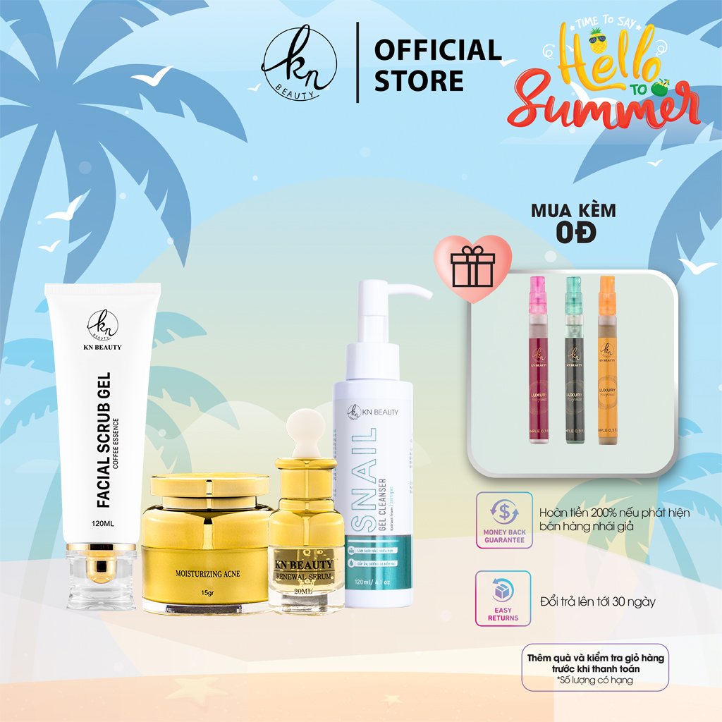 Bộ 4 bước chăm sóc da Trắng sáng Ngừa mụn KN Beauty chuyên sâu: Kem dưỡng 15g + Serum 30ml+ Sữa rửa mặt 100g + Tẩy tế bào chết 120ml (Quà Tặng Nước Hoa KN Beauty)