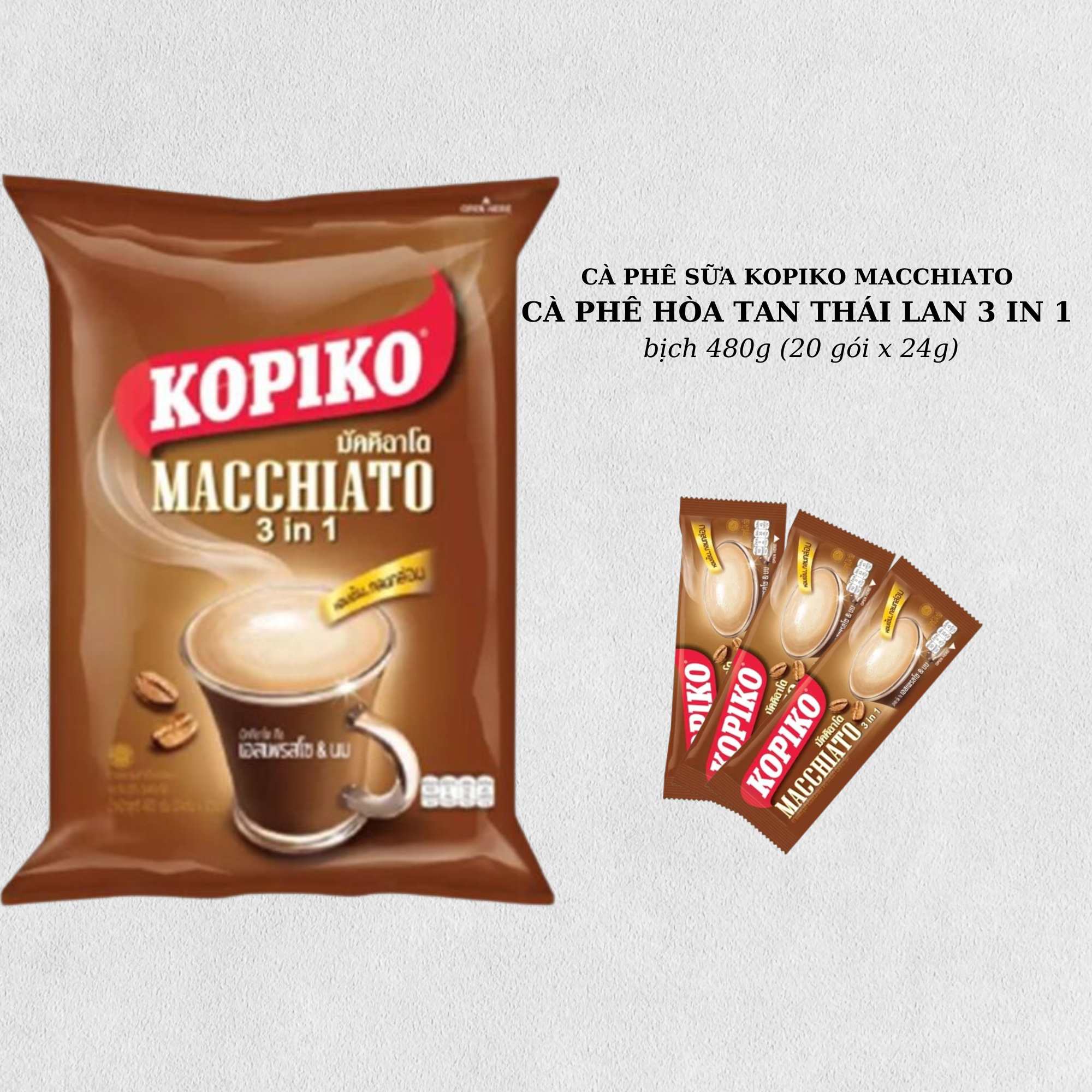 Cà phê sữa Kopiko Macchiato Thái Lan bịch 480g loại 20 gói x 24g