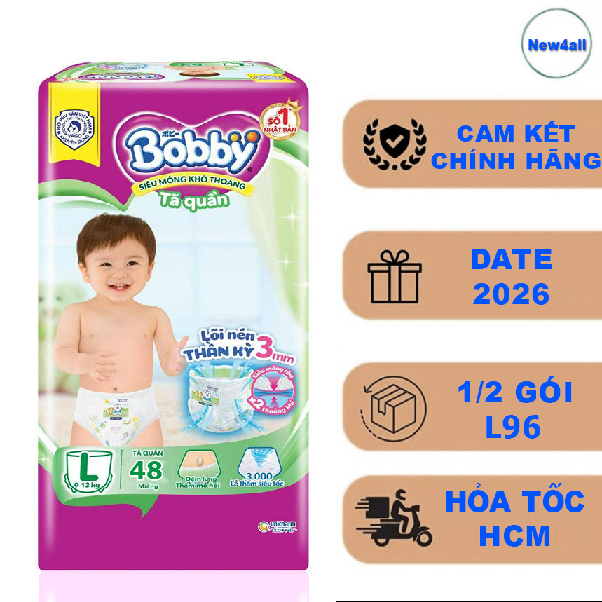 Tã quần bobby l48 mẫu mới date 2026 mega jumbo