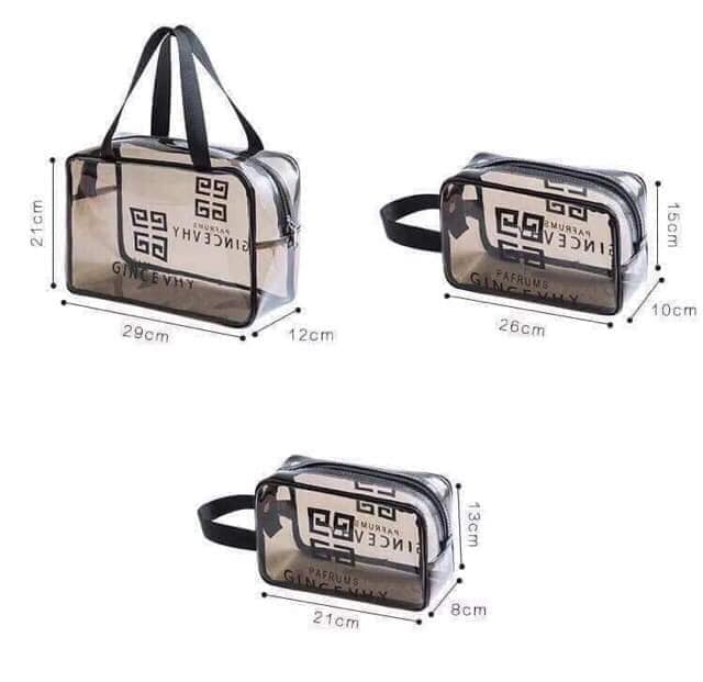 Set 3 túi Givenchy Travel đựng mỹ phẩm du lịch bằng nhựa PVC trong suốt cao cấp kèm 2 miếng bọt rửa mặt Hàn Quốc( có ảnh thật)