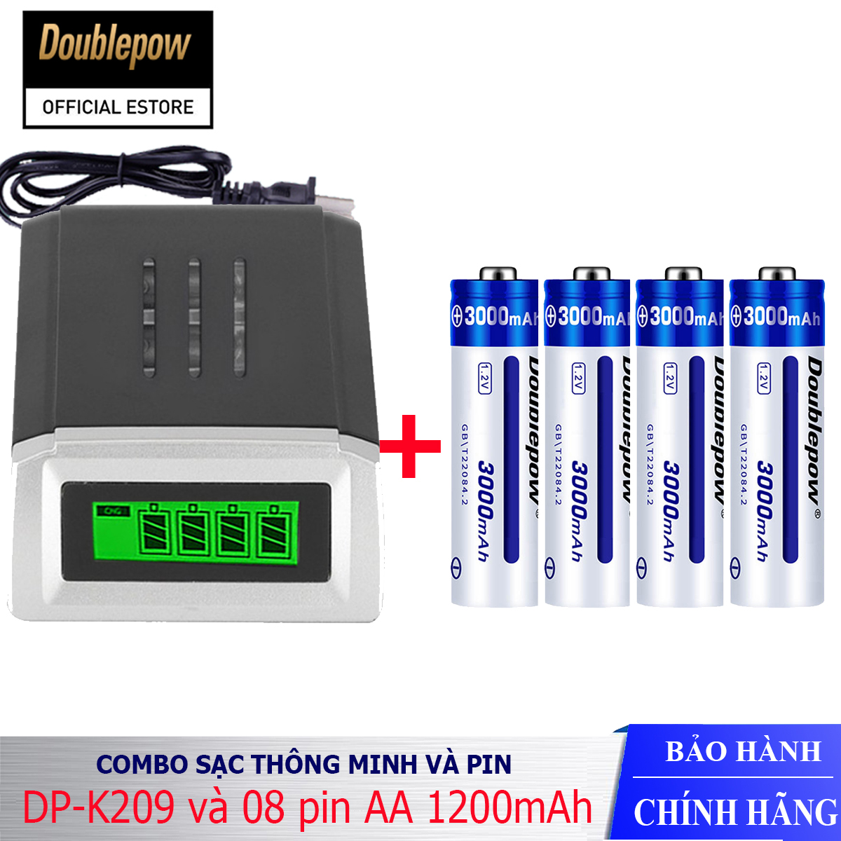 [K209 Đen+4AA3000X] Combo sạc pin thông minh màn hình LCD DP-K209(Đ) và 04 viên pin AA 3000mAh (xanh) - Doublepow