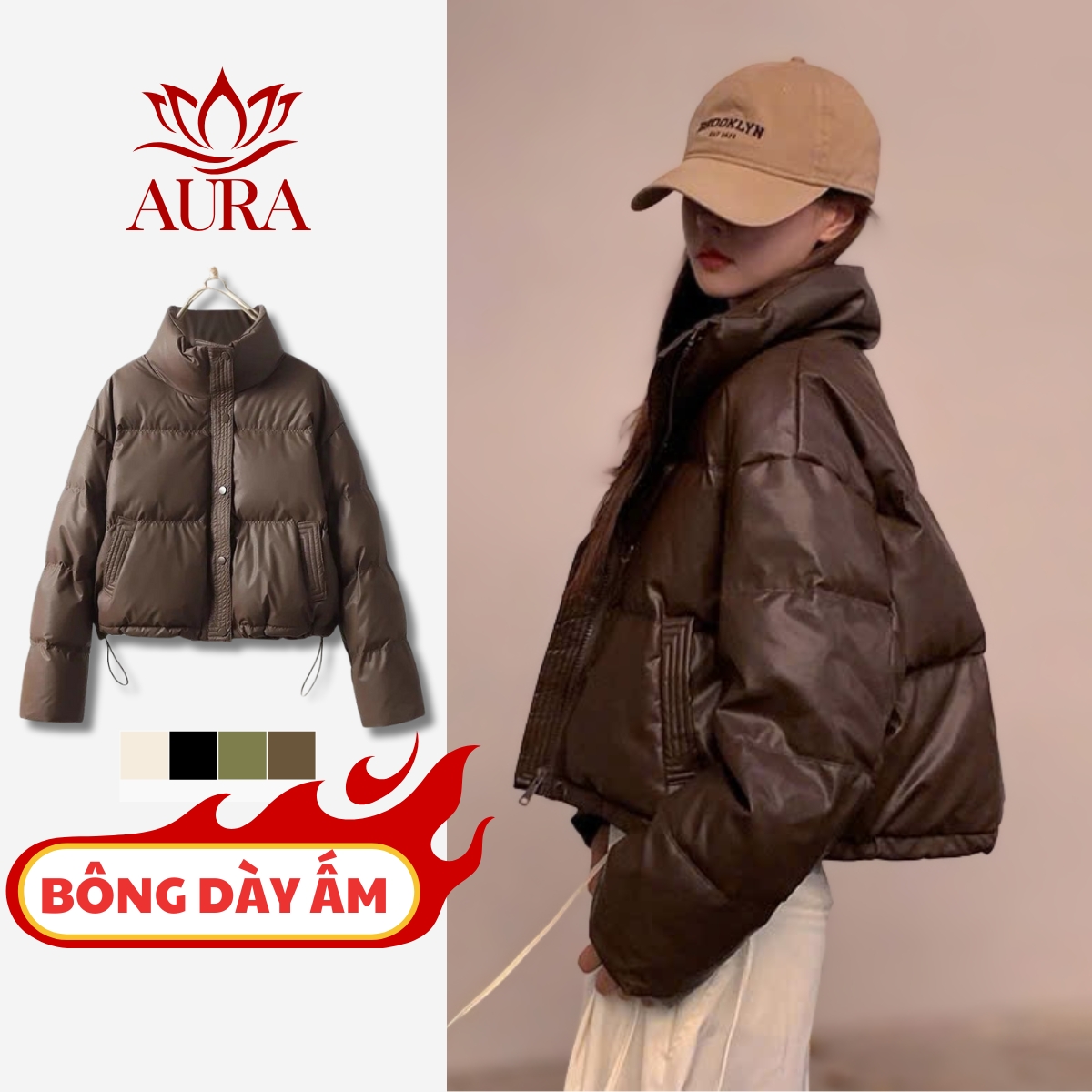  Áo phao đông nữ dáng ngắn AURA vải da mimili Áo phao nữ đẹp 2025 dáng ngắn phong cách Hàn Quốc 