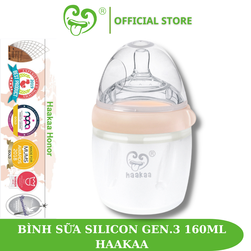 [Đa Năng] Bình Sữa Silicone Gen.3 160ml Haakaa.  Bình sữa thiết kế với núm ti chống tràn, chống sặc, chống đầy bụng