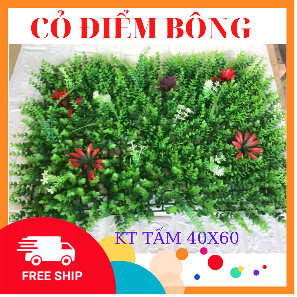 Cỏ treo tường điểm bông , rộng  40 dài 60 tấm, Cỏ giả dán tường trang trí deco sân vườn