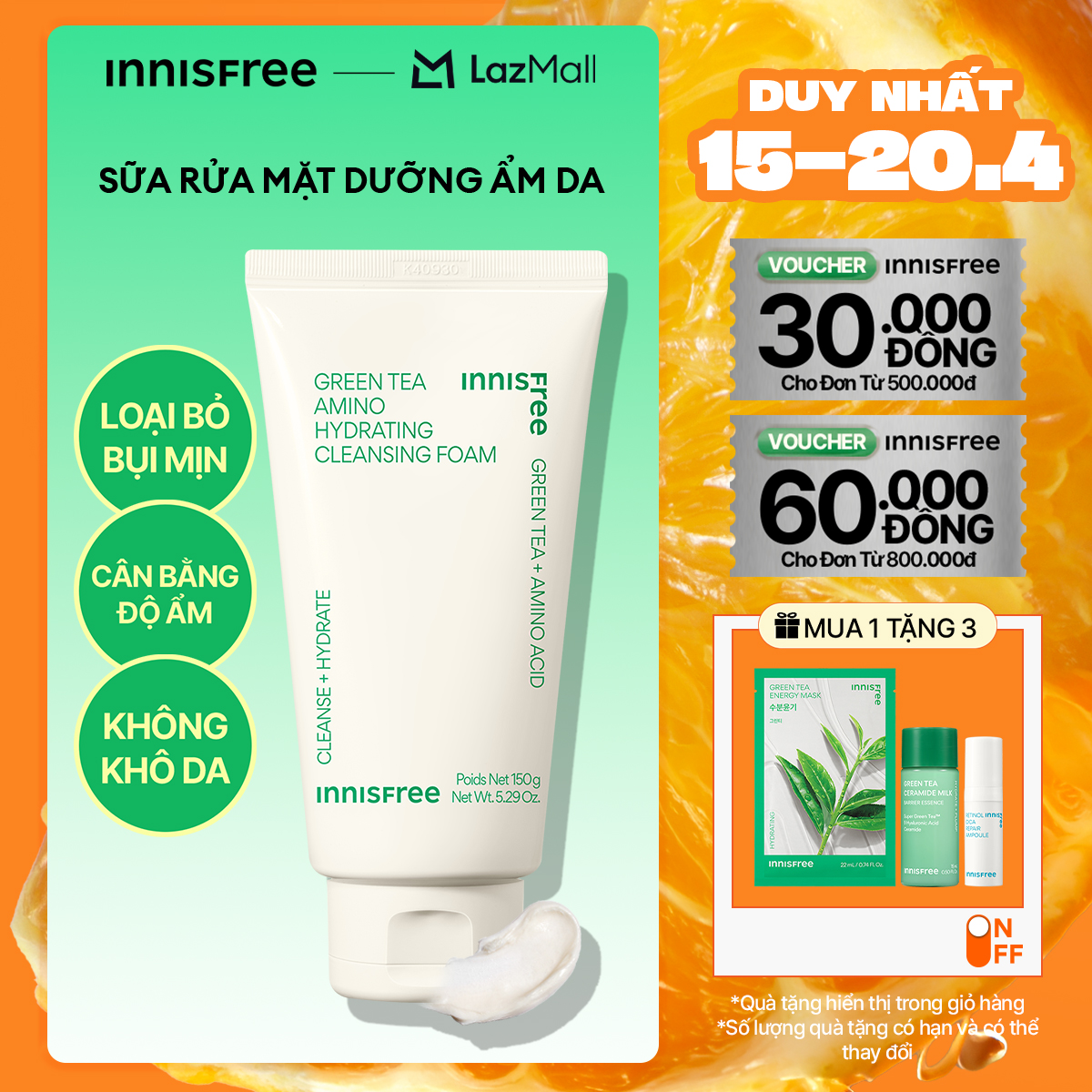 Sữa rửa mặt trà xanh sạch sâu ẩm mịn INNISFREE Green Tea Amino Cleansing Foam 150g