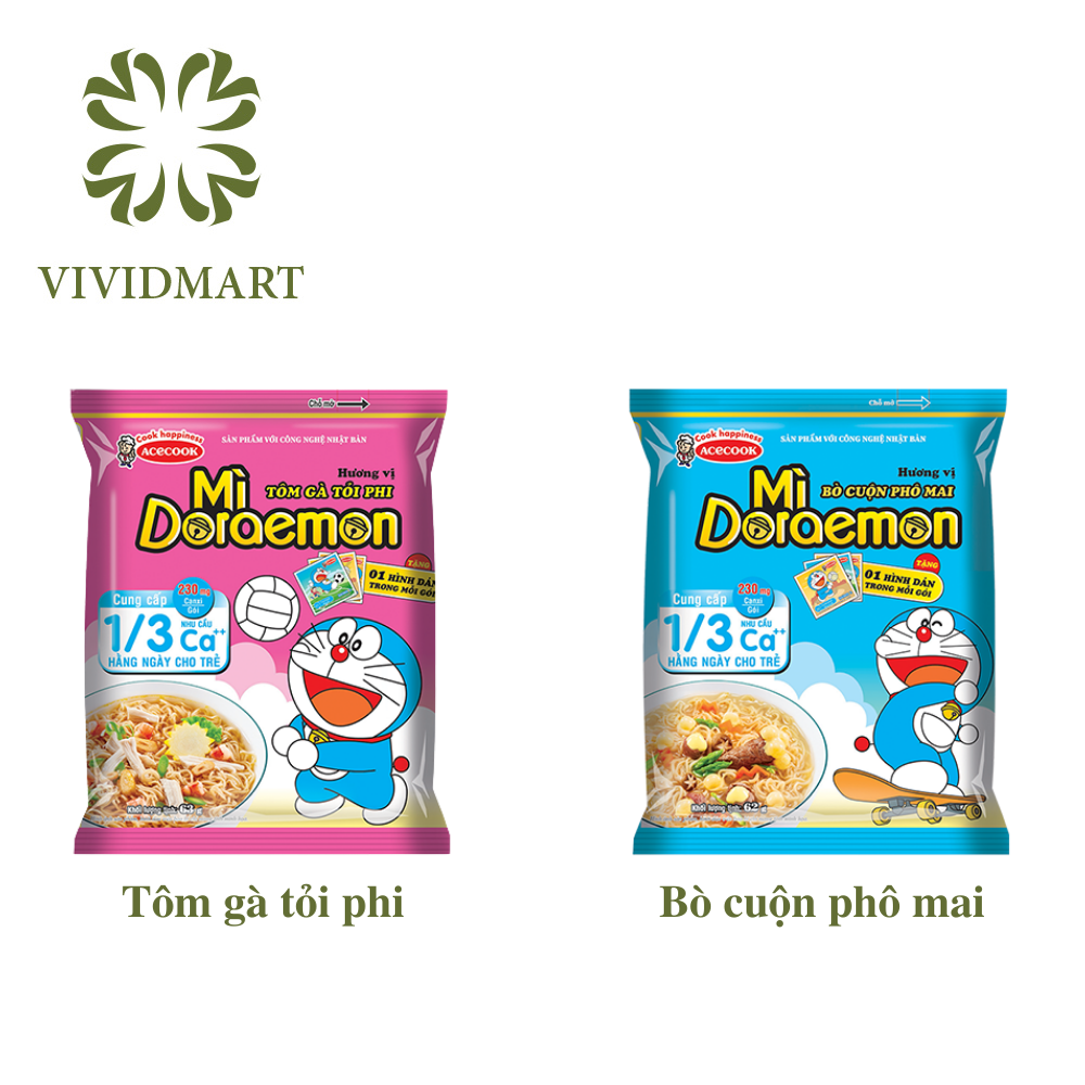 [GÓI LẺ] - ACECOOK - Mì gói Doraemon 2 vị: Doraemon bò cuộn phô mai và Doraemon tôm gà tỏi phi (62g - 63g/gói) - Mì trẻ em - Mì Doremon bổ sung canxi - Mì Doraemon gói