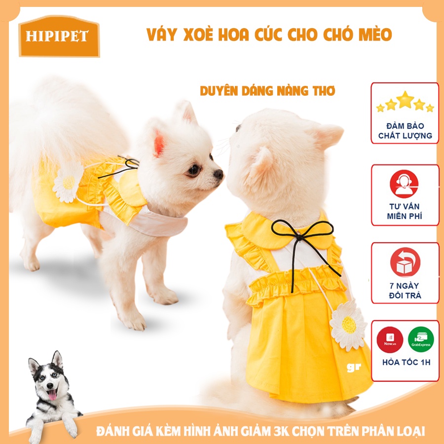 Váy xoè hoa cúc chó mèo HIPIPET chất coton xịn thêu hoa cúc trắng thời trang cho chó mèo cao cấp