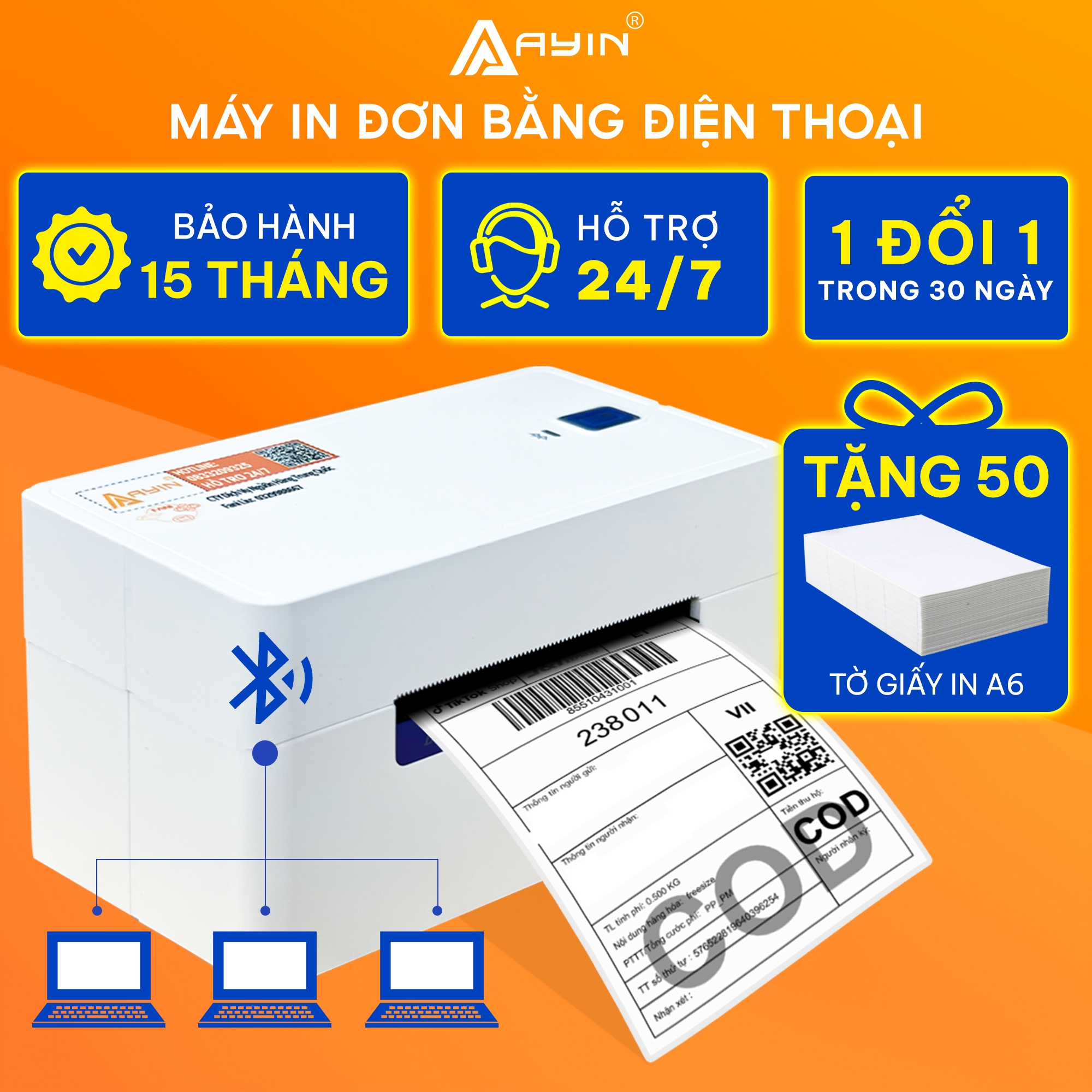 Máy in nhiệt AYIN in đơn hàng mã vận đơn mã vạch phiếu gửi hàng logo lớp keo tự dính BH 15 tháng