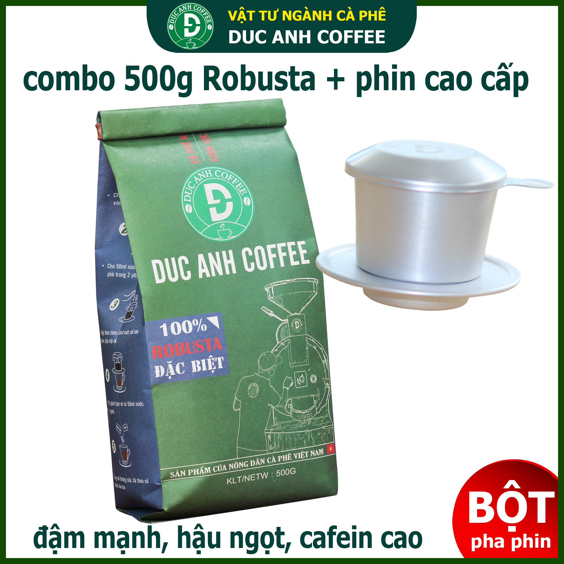 combo Phin nhôm cao cấp + Cà Phê Rang Xay ĐẶC BIỆT Nguyên Chất 500g - đậm vị hậu ngọt - dạng Bột dùng pha phin - được chọn lọc kỹ trực tiếp từ nông trại - cà phê rang mộc DUC ANH COFFEE - cafe pha phin