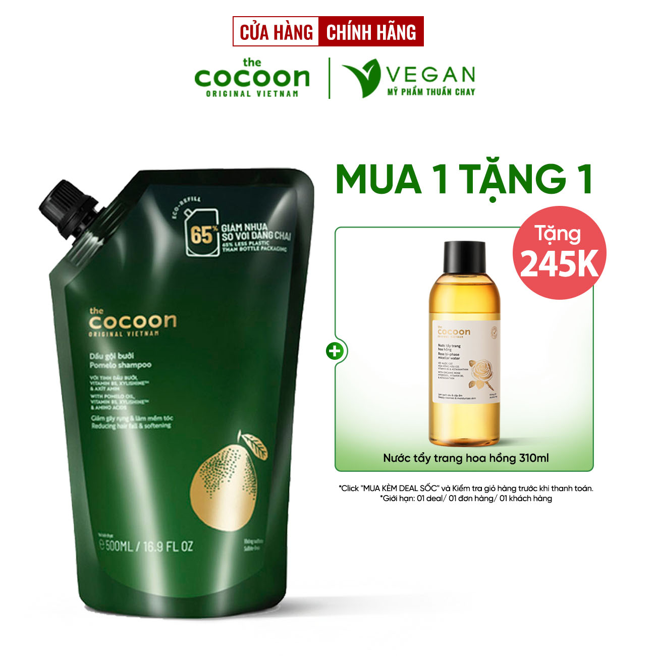 Túi Refill - Dầu gội bưởi Cocoon giúp giảm gãy rụng và làm mềm tóc 500ml, thuần chay