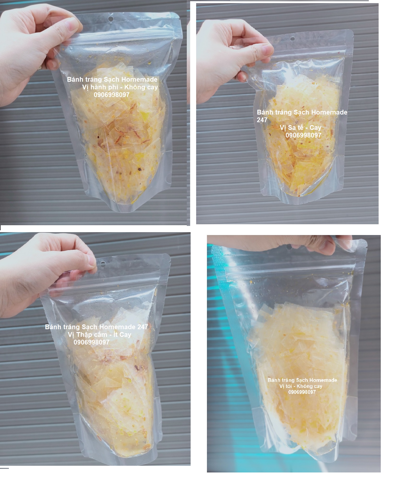 Set 4 Túi Zip Bánh Tráng Sạch Long An 4 Vị - Bánh Tráng Long An Vị Tỏi Hành Phi Bánh Tráng Sa Tế Cay Thập Cẩm Ăn chay được