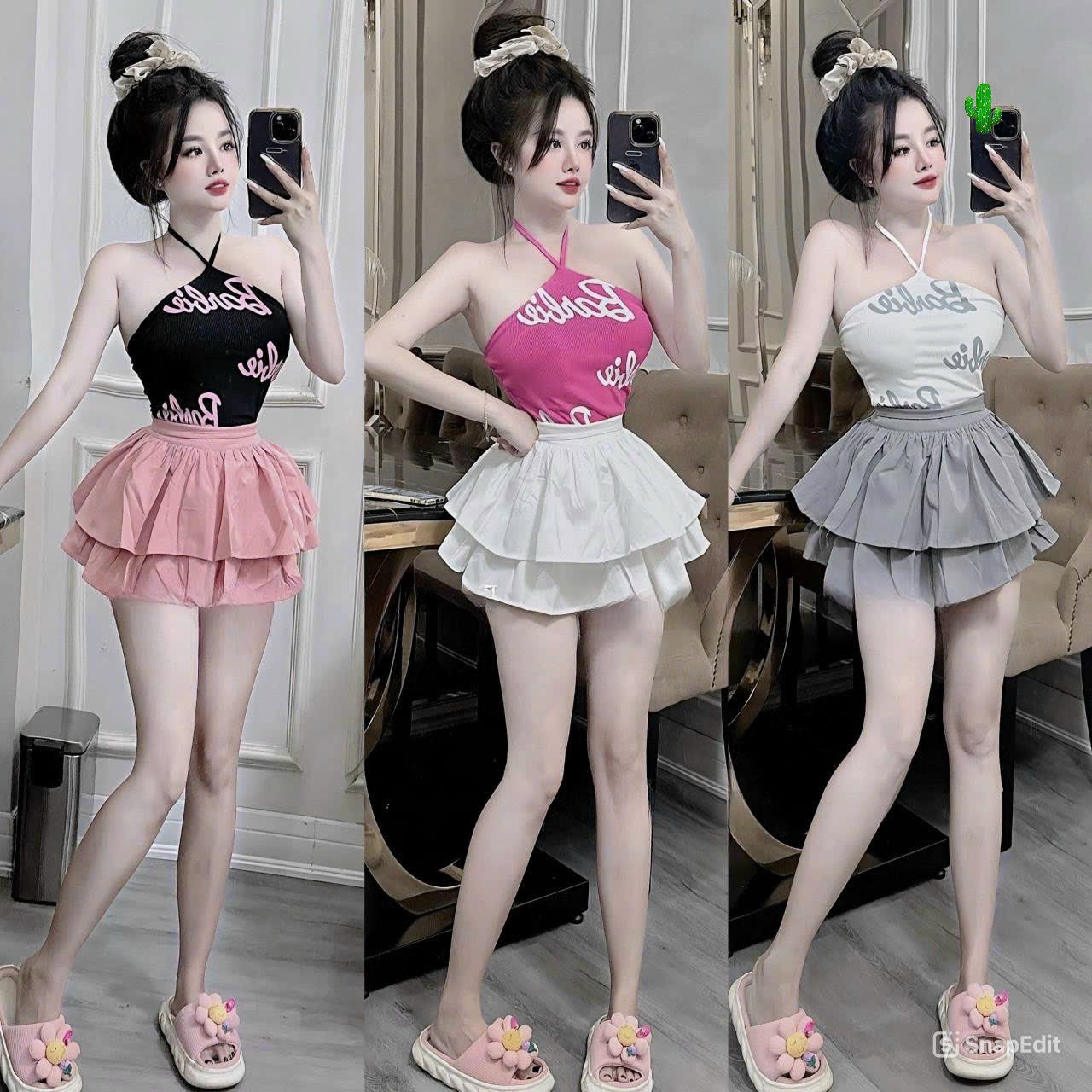 Sét bộ áo cúp ngực kèm chân váy tầng kiểu dáng cực dễ thương.