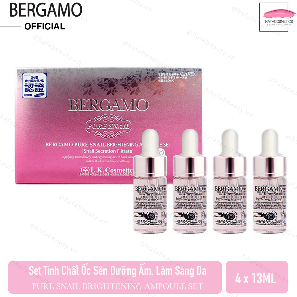 Set 4 Chai Siêu Tinh Chất Ốc Sên Dưỡng Ẩm Làm Sáng Da Bergamo Pure Snail Brightening Ampoule 13mlx4 _ Bergamo Chính Hãng