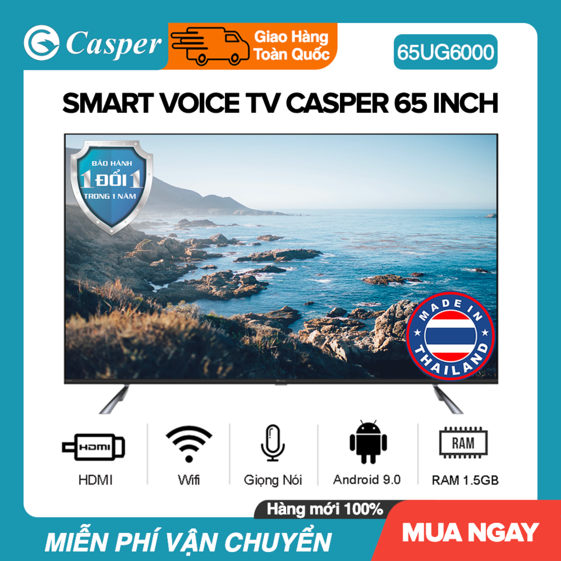 [Trả góp 0%][Voucher Giảm 1 Triệu] Smart Voice Tivi Casper 65 inch UHD 4K Kết nối Internet Wifi Model 65UG6000 Android 9.0 Tràn viền Điều Khiển Giọng Nói DVB-T2 Chromecast built-in Nhập khẩu Thái Lan Tivi Giá Rẻ - Bảo Hành 2 Năm