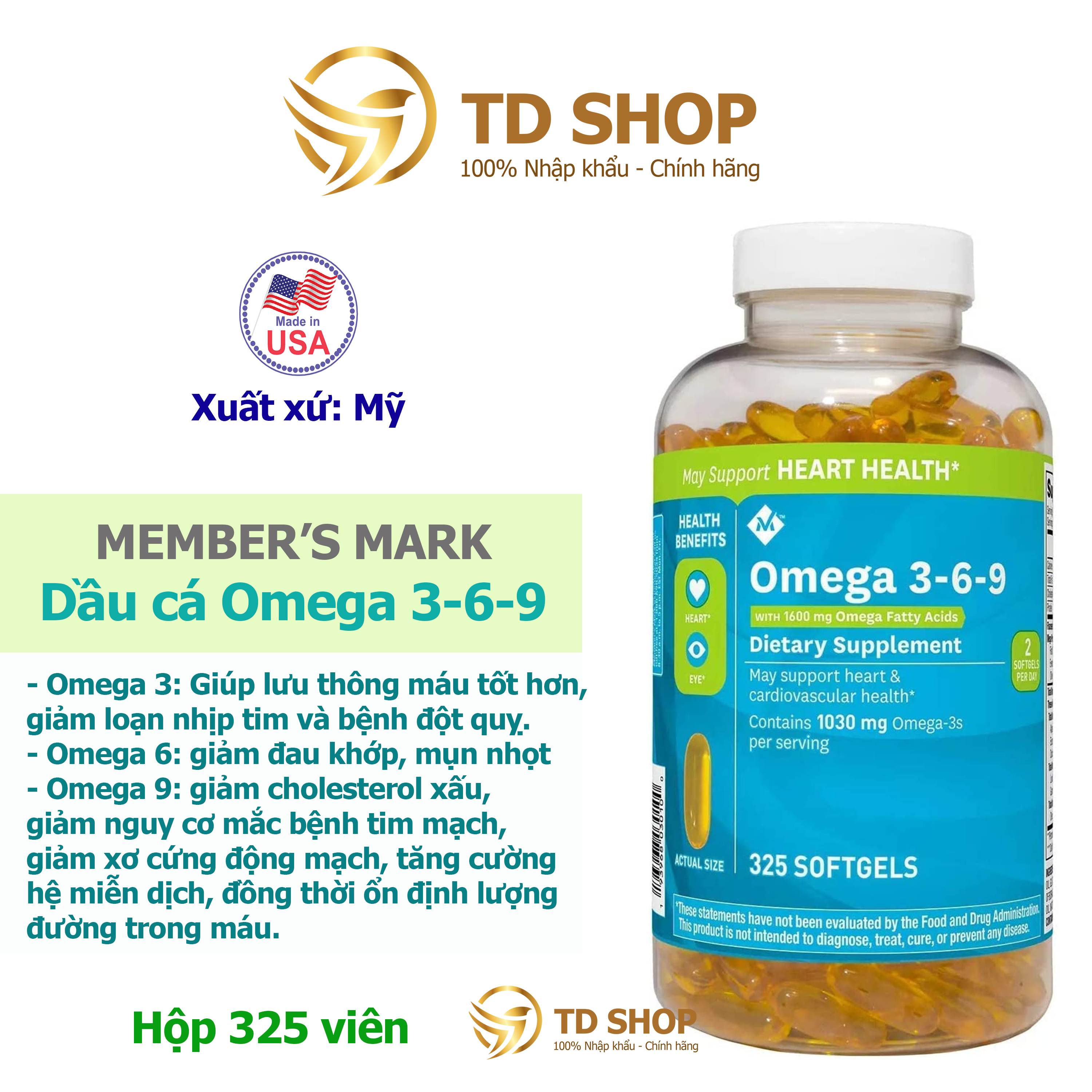 Omega 369, viên uống omega 3-6-9 heart health 325 viên - td shop