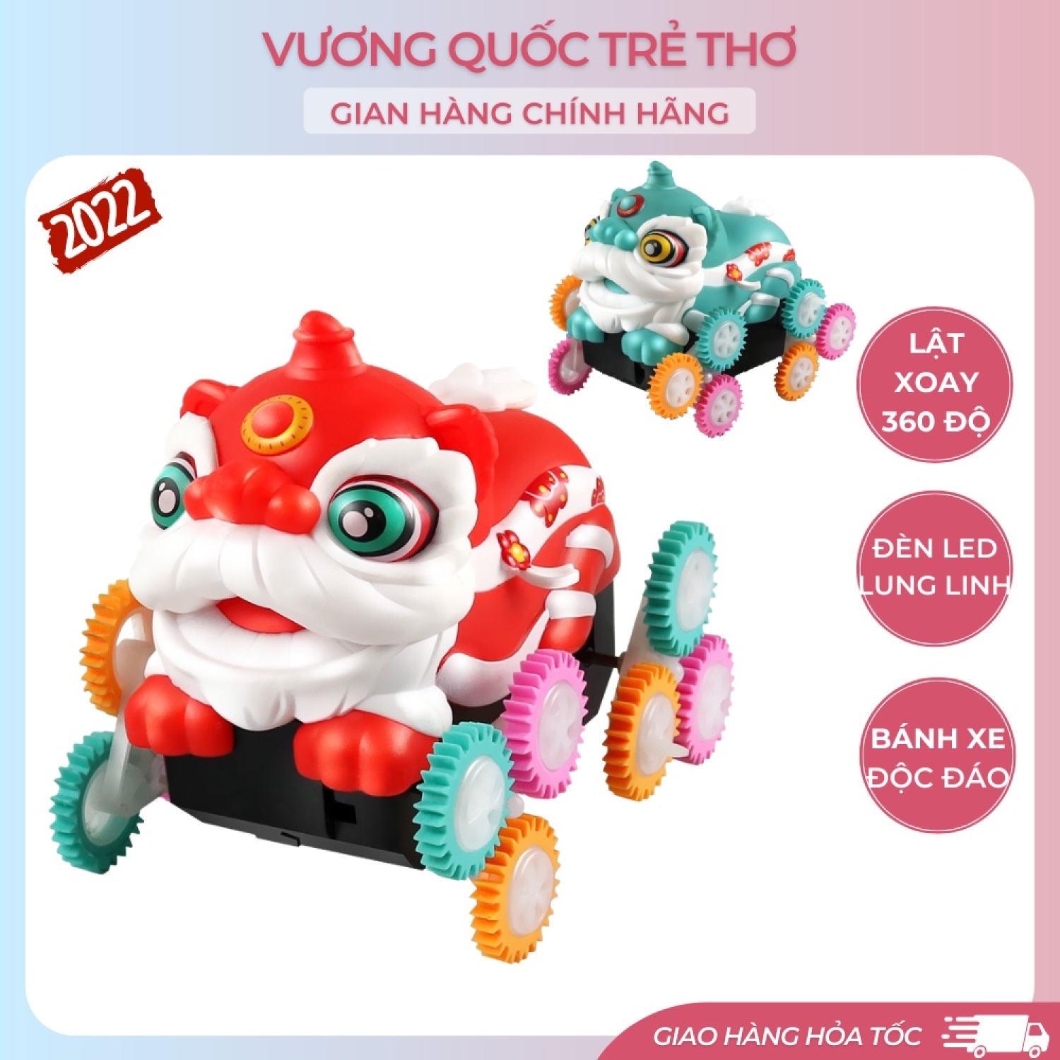 Đồ chơi xe múa lân lật xoay đầu 360 độ siêu ngầu có đèn led vuongquoctretho, xe hơi đồ chơi bé trai