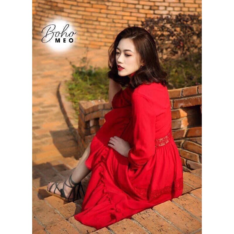 Đầm maxi đỏ xẻ tay bo