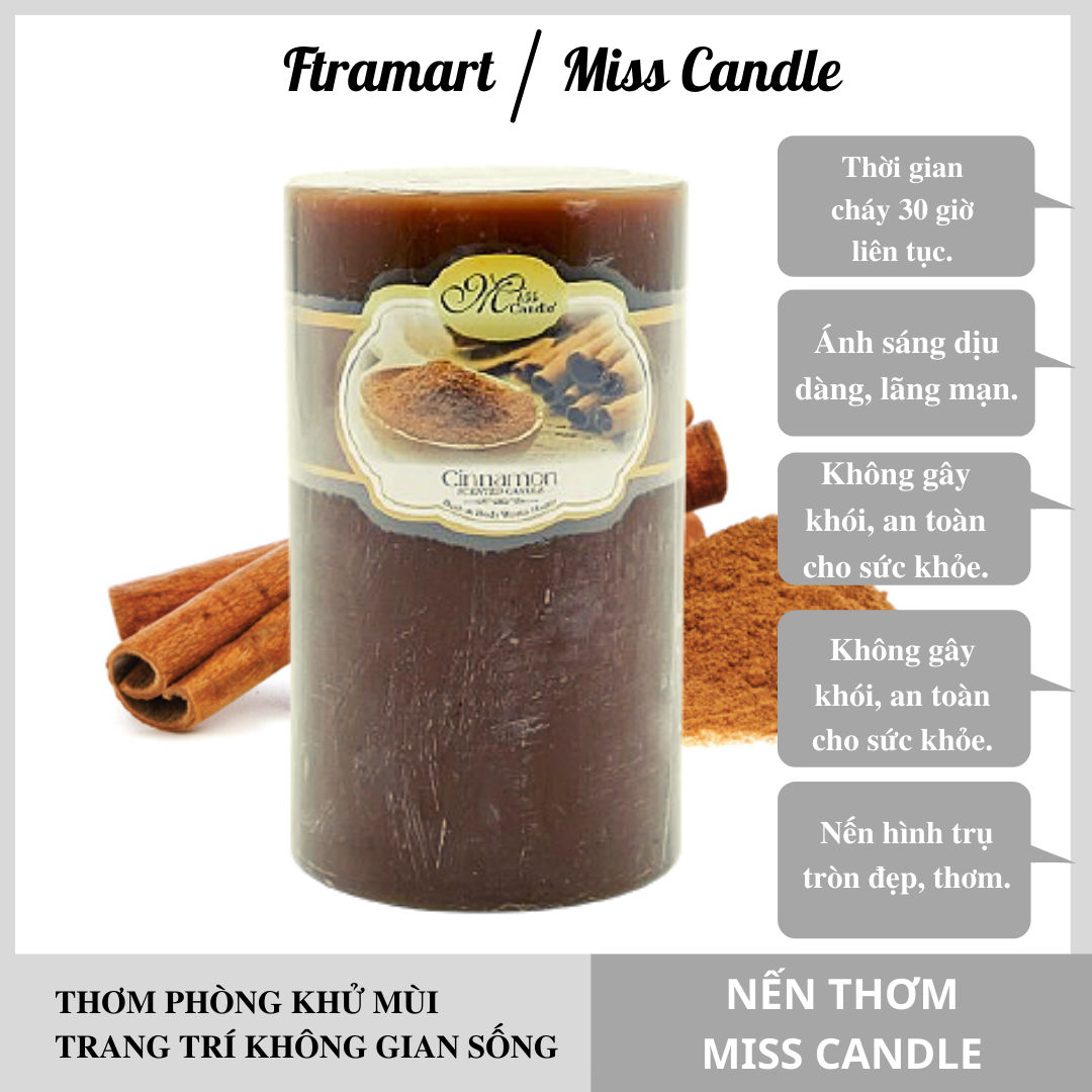 Nến thơm trụ tròn D5H8 Miss Candle NQM0819 5 x 8 cm (nâu  hương Quế)