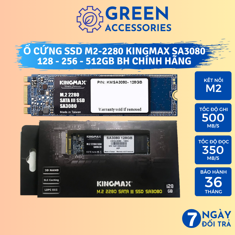 Ổ cứng SSD M2 KINGMAX 256GB 128GB (M2-2280 ) SA3080 - Chuẩn giao tiếp M2-SATA - BH Chính Hãng 3 Năm