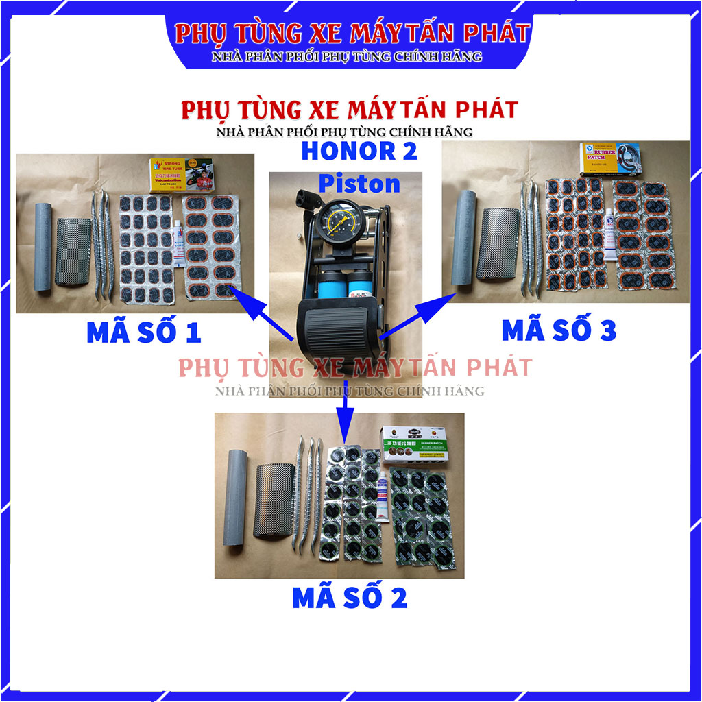 Bộ vá 6 món ruột xe máy và xe đạp có bơm chân honor 2 piston + 2 miếng bào