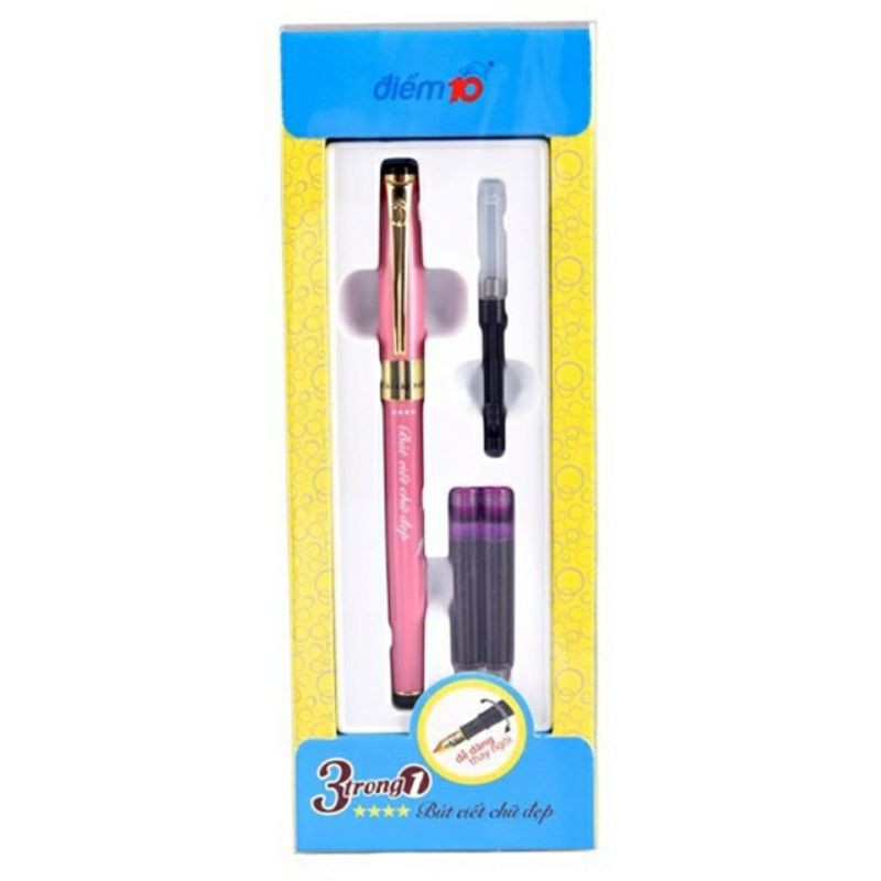 Bút máy sử dụng ống mực 3 trong 1 tp-ftc02 tặng kèm 10 ống mực- mực xanh và tím