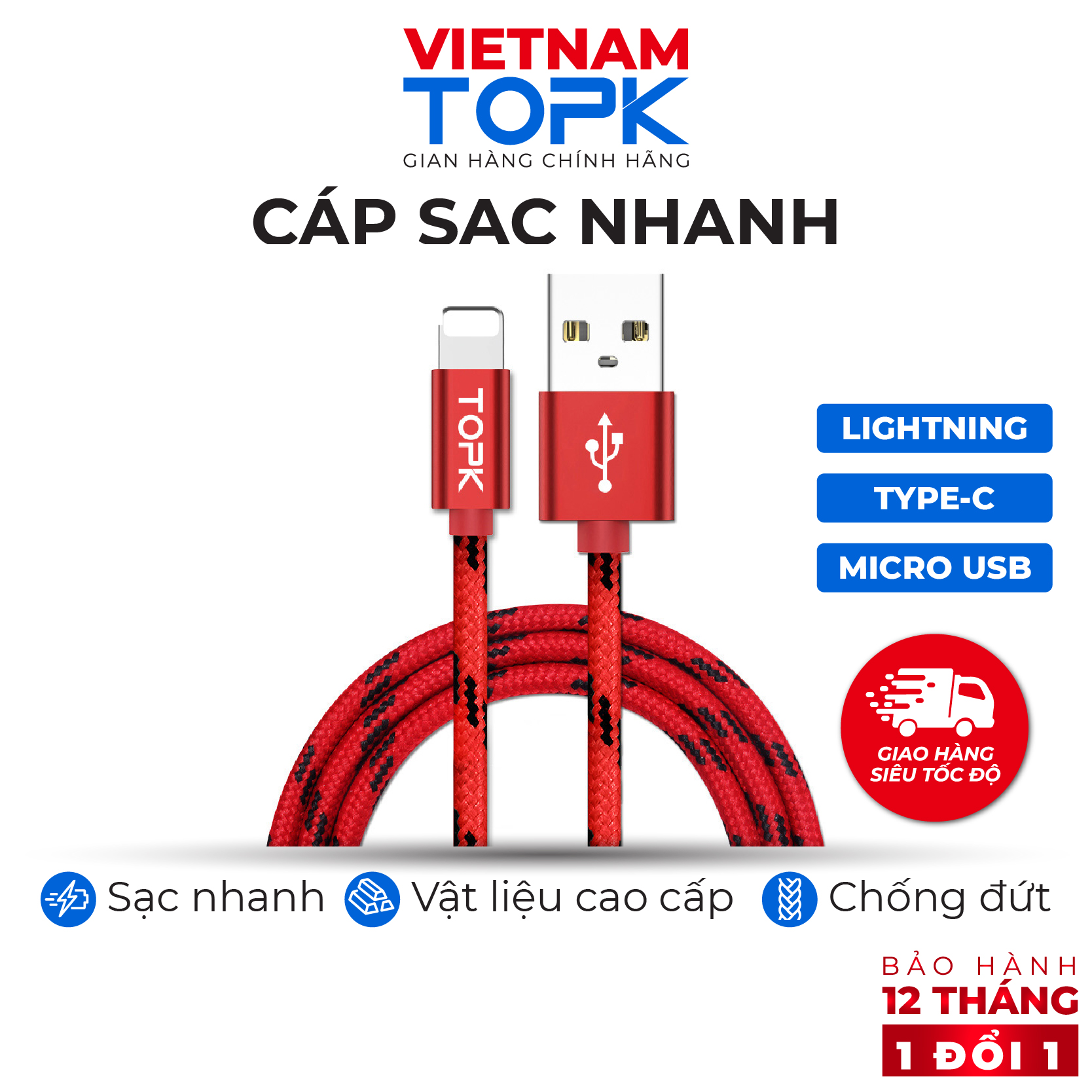 Dây sạc nhanh 3A TOPK AN09 vỏ bện Nylon dài 1m - Hàng chính hãng Bảo hành 12 tháng
