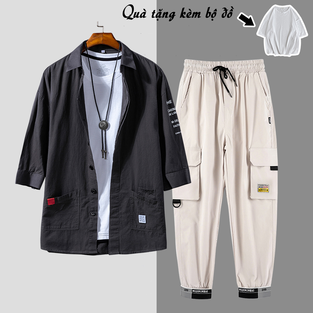 Set Bộ Quần Áo Nam Áo Sơ Mi Cổ Đức Túi Hai Bên Cá Tính Kết Hợp Với Quần Túi Hộp Bo Ống Tặng Kèm Áo Phông Năng Động Thời Trang 4HER SET NAM 90000150C