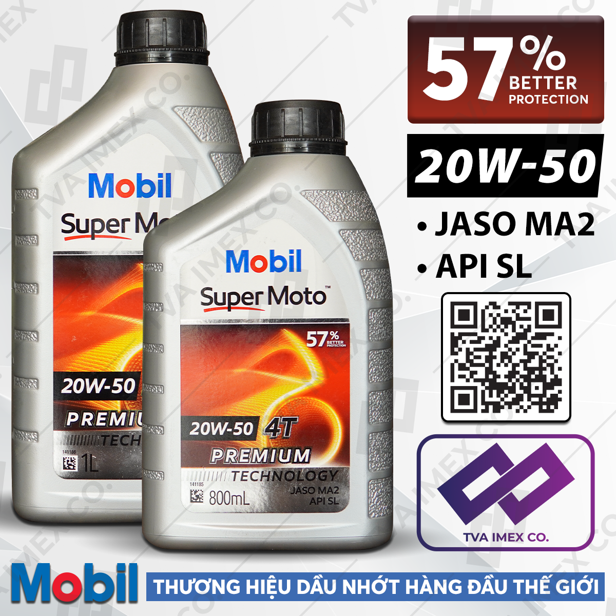Phiên bản 57% - Dầu nhớt Mobil Super Moto 20w50 - Nắp đen - API SL - 800mL - 1L cho xe máy - Mobil 20W50