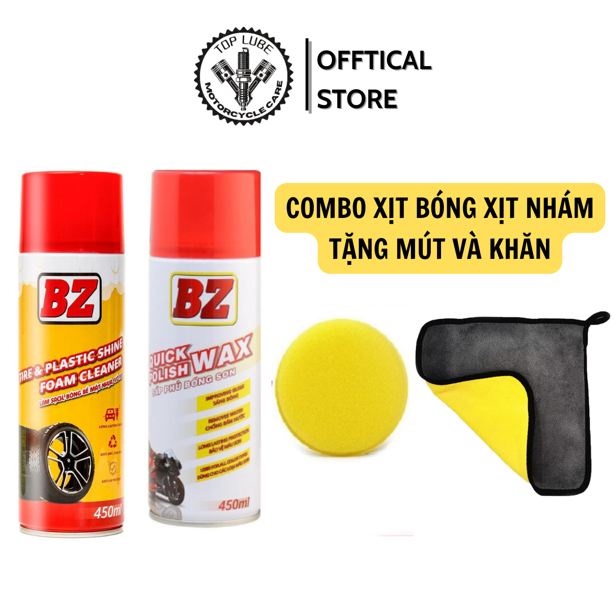 COMBO Xịt dưỡng dàn nhựa bóng + phục hồi nhựa nhựa nhám lốp xe BZ 450ML dành cho xe máy, xe oto