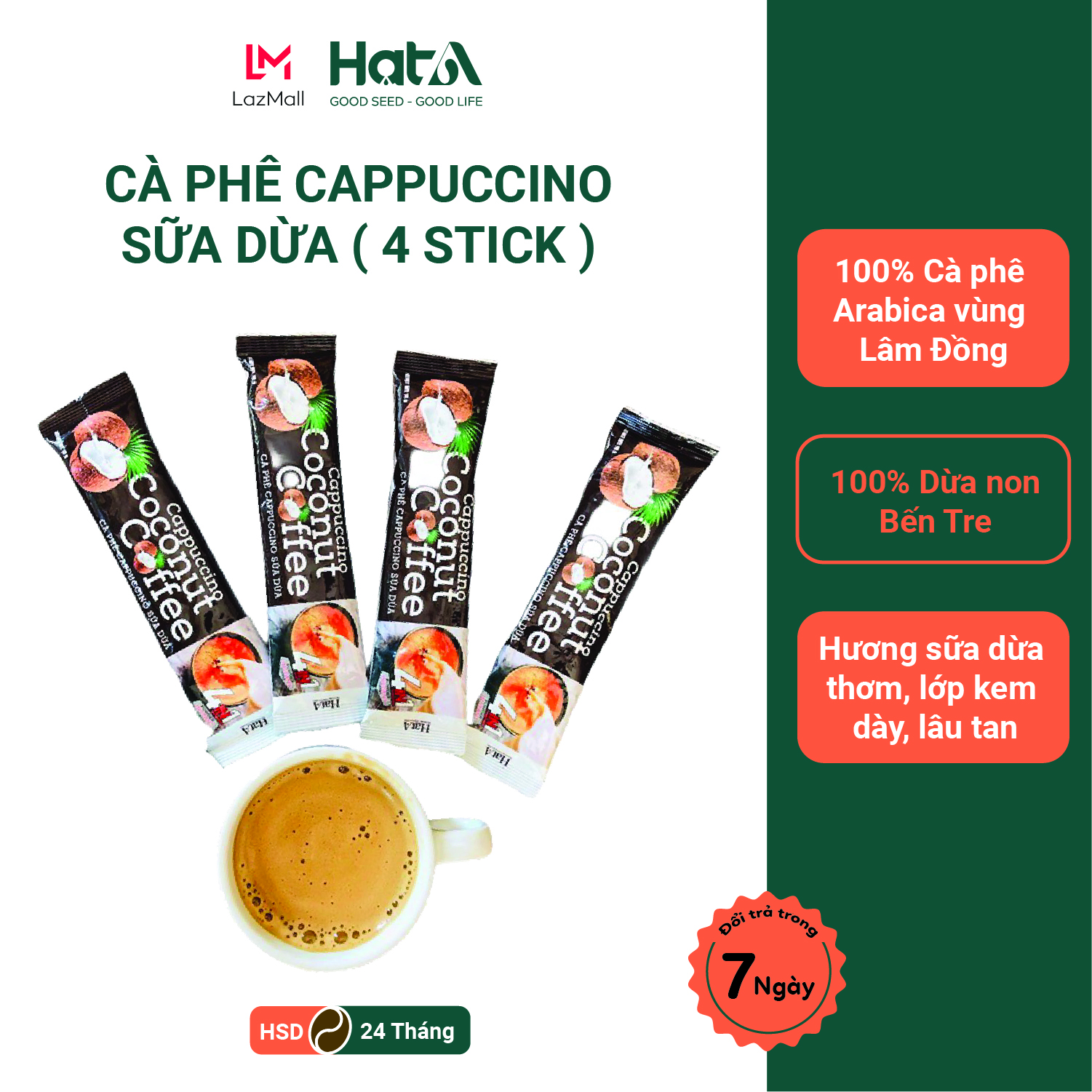 Combo 4 Gói Cà Phê Hòa Tan Cappuccino Sữa Dừa 4 In 1 Hạt A Cafe Vị Cốt Dừa Tự Nhiên - 18g/Gói