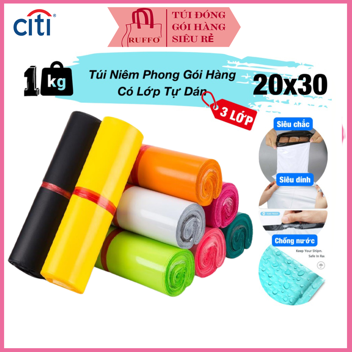 1 kg Túi Gói Hàng Niêm Phong Ruffo Có Lớp Tự Dán Size 20x30 cm - Cuộn 100 Túi Hàng Cao Cấp Dày Dẻo Bền Dai Giá Rẻ