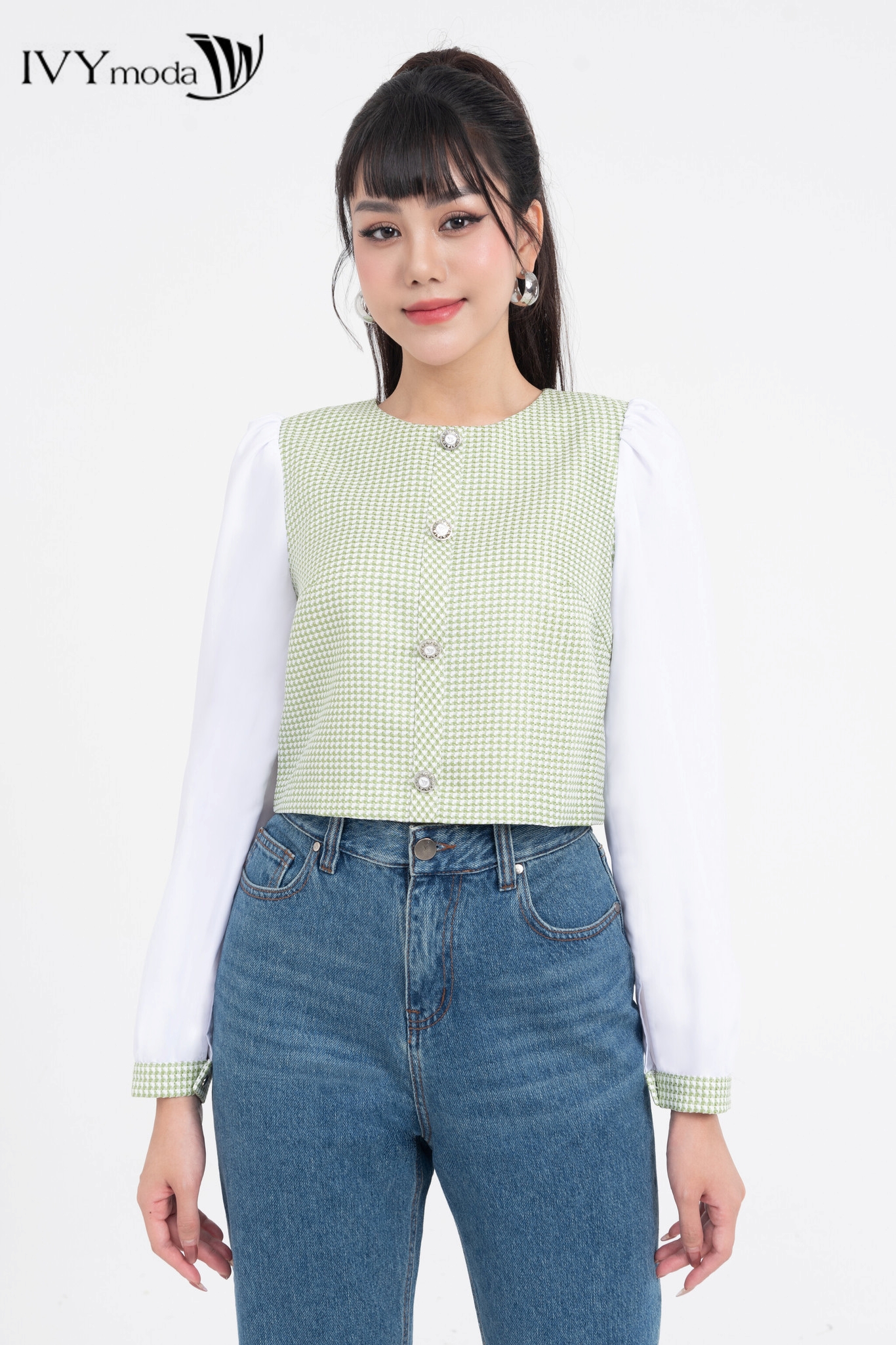 Áo croptop tay phồng phối tweed ivy moda ms 17m8162