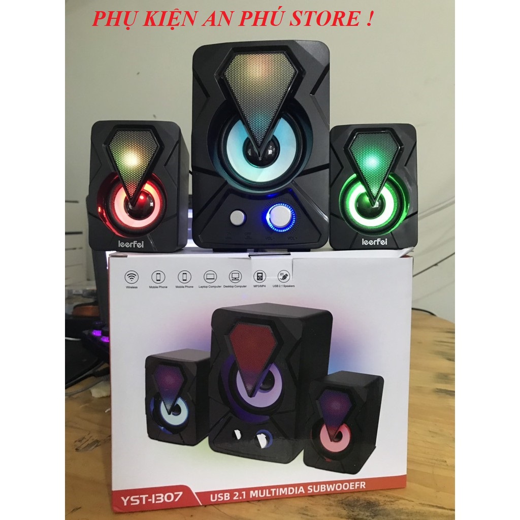 Loa vi tính có led đổi màu cắm nguồn USB LeerFei YST-1307/A2 để bàn cao cấp âm thanh siêu hay, led 7 màu nháy theo nhạc