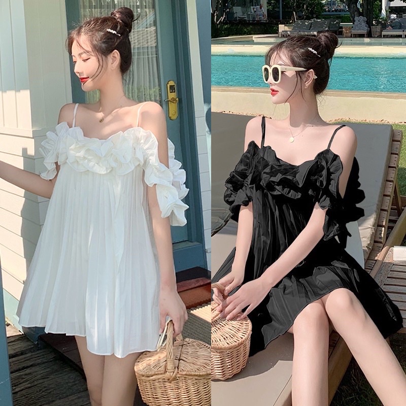 Đầm trễ vai - váy trễ vai dập ly bèo ngực ( kèm ảnh thật ng